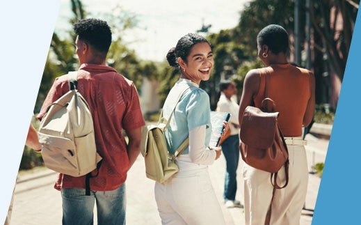 Students with backpacks outside of school